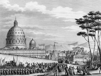 French Revolution: Triumphant entry of the French into Rome in February 1798 led by General Louis Alexandre Berthier who invaded the pontifical states and seized the city of Rome on February 11