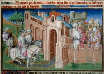 Brothers Nicolo and Matteo Polo, uncle and father of Marco Polo (1254-1324) arrive in Bukhara, Uzbekistan. Miniature taken from “The Book of Wonders” (“Devisement du monde”, “Il Milione”) by Marco Polo (1254-1324) illustrated by the Master of Bouci