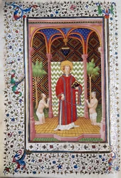 Representation of Saint Leonard, hermit of Limousin, releasing two prisoners. Page of the manuscript 