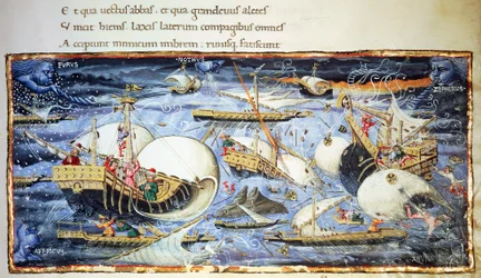 Sailing ships, illustration for Aeneid, epic poem by Virgil