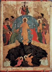 The Descent into Hell. Episode of the Resurrection, immediately after his death, Christ descended to the gates of the kingdom of the dead (limbo) where souls vegetate awaiting the beatific vision, to liberate the souls of the Just