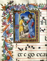 Decorated initial depicting the temptation of Christ. Miniature by Liberale da Verona (1445-1529) from a choir book (Cod. 20/5. c.45v) from the cathedral of Siena