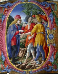 Decorated letter representing the parable of murderous winemakers (The Parable of the Tenants)