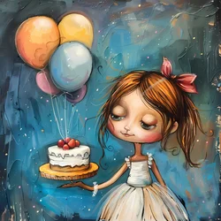 A Girl Holding Birthday Cake & Balloons
