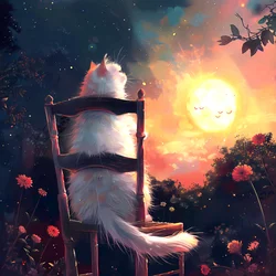 A white cat sits on an old wooden chair and looks at the moon