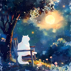 A white cat sits on an old wooden chair at night in the moonlight