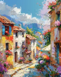 Abstract painting: colorful houses in an old traditional city