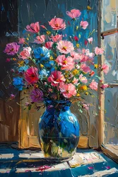 Oil Painting of Messy Pink & Blue Flowers