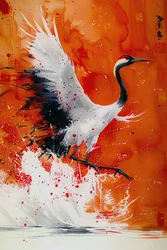 Stork Painted in Warm Colors in Asian Artistic Style