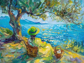 Colorful Abstract Oil Painting Modern Woman with Green & Blue, Wall Decor