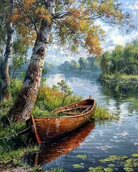 A Felucca in a Calm Tree-lined Lake