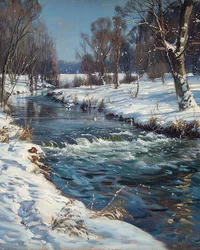 Landscape of a Stream in Winter and Snow