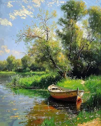 Boat on the edge of a lake with clear water