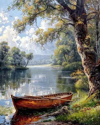 A boat anchored on the edge of a river in the middle of a forest