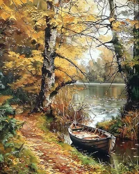 A wooden boat in the middle of an enchanted lake