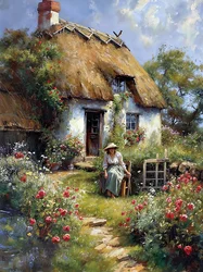 A woman sits in a garden in front of a hut in the countryside