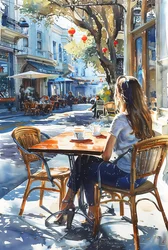 A Woman Sits in a Chair at a Café on a Street in Paris