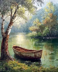 Old wooden boat sitting in the water illustration