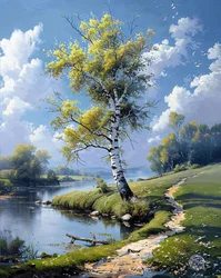 Trees and river, calm water surface extending to the horizon