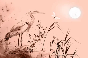 Ink Drawing of a Heron Standing on Rocks Near the Water