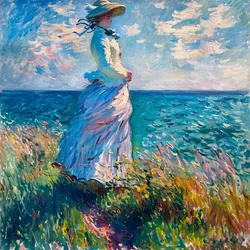 Young Woman in Dress in Nature, Standing on the Beach, Monet Style