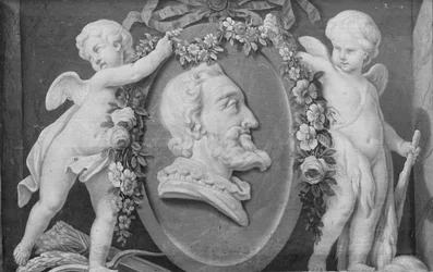 Bust of Henri IV in Oval Medallion with Blue Ground Supported by Two Cupids