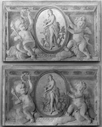Pair of Overdoors with Diana or a Nymph in an Oval Medallion Supported by Amorini