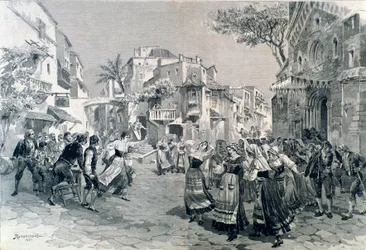The final scene of Cavalleria rusticana, opera by Mascagni, at the Teatro alla Scala in 1891