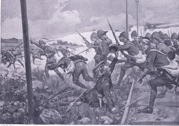Charge of the Scots Fusiliers at Frederikstad (illustration from After Pretoria: The Guerilla War, 1902)