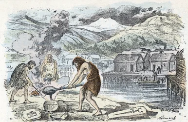 Prehistory, Bronze Age: foundry workshop near a stilt-house settlement. Engraving from “La nature et l