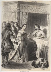 Madame Deshoulieres, Antoinette Ligier de La Garde (1637-1694) Overwhelmed with Questions by Her Entourage After a Night Spent with the Fear of the Ghost. Engraving by A. Duruy in 