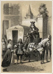 Marie de Rabutin-Chantal, Marquise de Sevigne (1626-1696) forcing Gilles Menage (1613-1692), French grammarian and writer to ride in his carriage. Engraving by A. Duruy in 