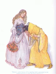 Romeo under favour of his masking habit, presumed in the gentlest manner to take her hand and kiss it (Romeo and Juliet), from Tales from Shakespeare published by Ward Lock & Co Ltd