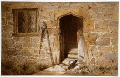 After the battle - a helmet before a stone gothic doorway