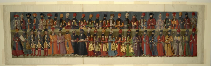 Copy of the Great Mural in Nigaristan Palace. The Court of Fath Ali Shah with British Envoys Sir John Malcolm, Sir Harford Jones Brydges, and Sir Gore Ouseley