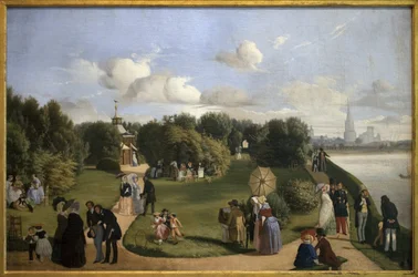 View of the Rochelle (Garden of the Bath Marie Therese). Characters of the Bourgeoisie in a Park: Couple Chatting on a Bench, Men Greeting Ladies, Child Playing with a Hoop... Painting by Alexandre Abel de Pujol (1785-1861), Oil on Canvas