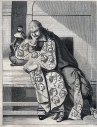 The man stuffed with malice: a man with a double coat of heads of women meditates with a monkey at his side. Reproduction of a print by Abraham Bosse