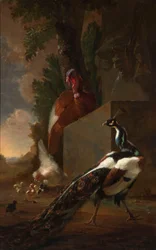 A Peacock, Turkey, and Chicken with her Chicks beside a Classical Fountain in a Landscape