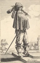 A Gentleman Wearing a Short Coat, a Helmet, and Boots with Spurs, Standing on the Steps