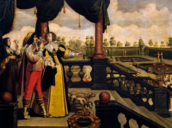 Sense of smell, ca 1635, by Abraham Bosse, after painting from series of 5 by unknown artist, France