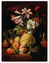Lilies and Other Flowers in a Glass Vase with Peaches and Melons