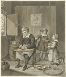 Interior with Man Cleaning Fish and Two Children