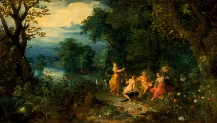 A Landscape with Wood, Diana Offers a Hare to a Nymph, Silenus and Ceres in Foreground