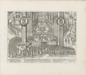 View of the exterior of Westminster Abbey during the coronation of James I