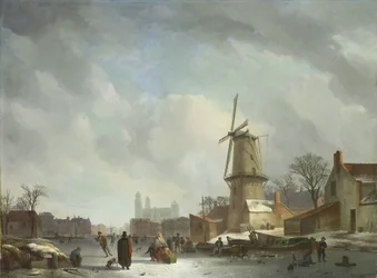Frolicking on a Frozen Canal in a Town