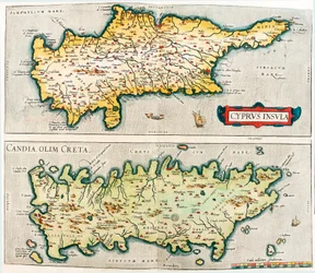 Cyprus Insula - Candia, olim Creta Geography map of the Mediterranean islands of Cyprus and Crete in Greece from 