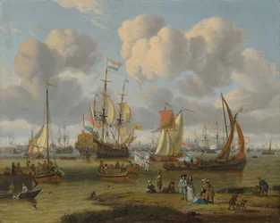 Shipping off Amsterdam with Figures on a Quay