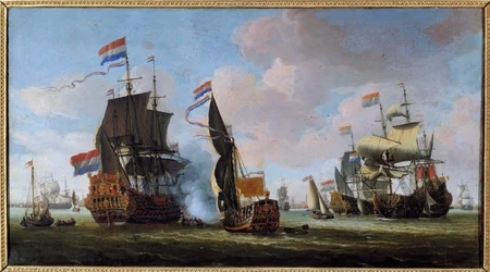 Marine: scene of naval battle. Painting by Abraham Storck (1635-1710), 17th century, Angers, Museum of Fine Arts