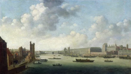 Perspective View of Paris from the Barber Bridge downstream, depicting the Hôtel Bourbon, The Grande Galerie of the Louvre, c.1640