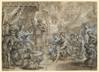 A Queen with an Ermine Mantle and Sceptre (Semiramis?) on a Throne, before Her Kneels a Group of Men and Women